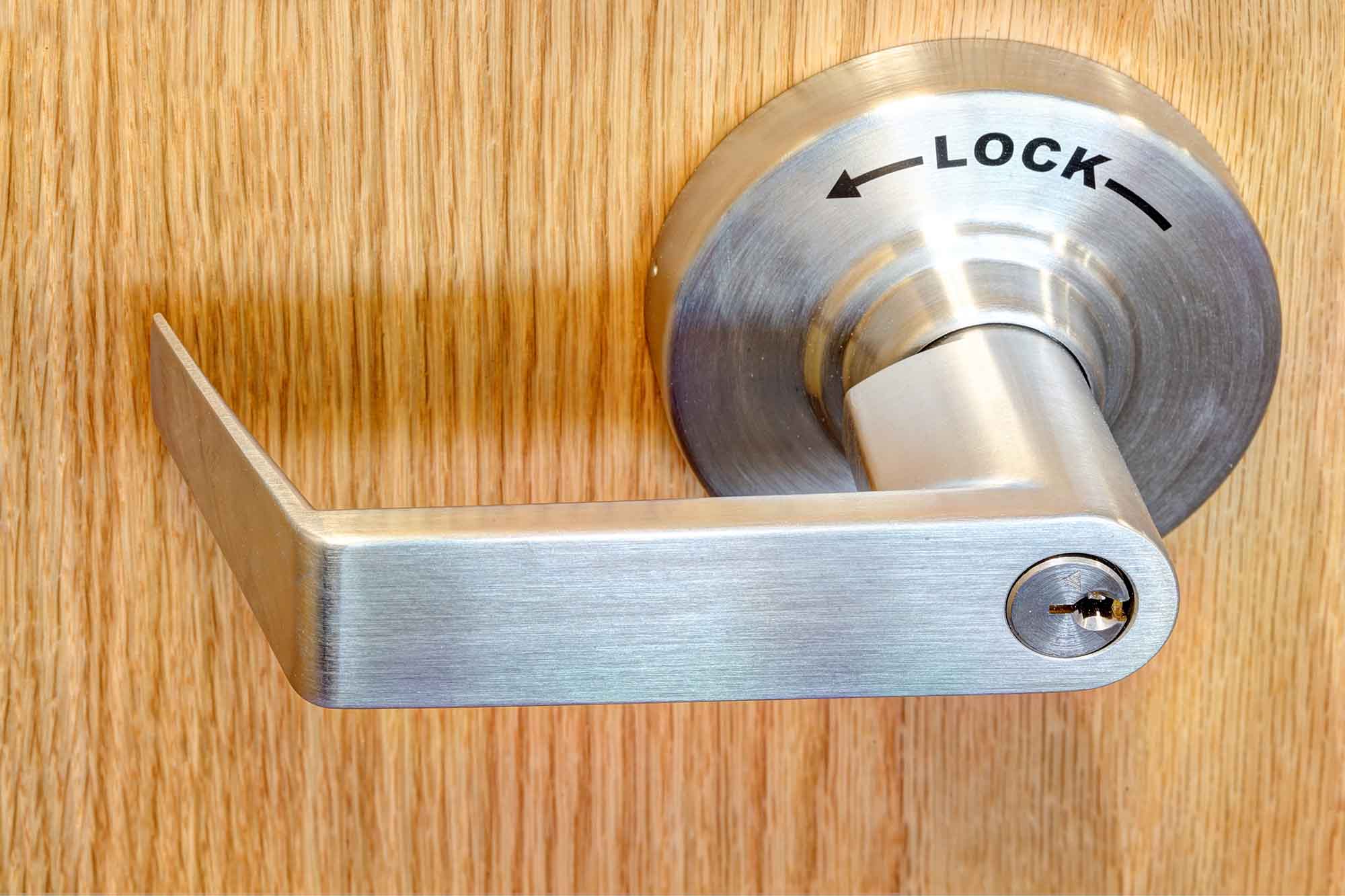 commercial door handle with word lock on it